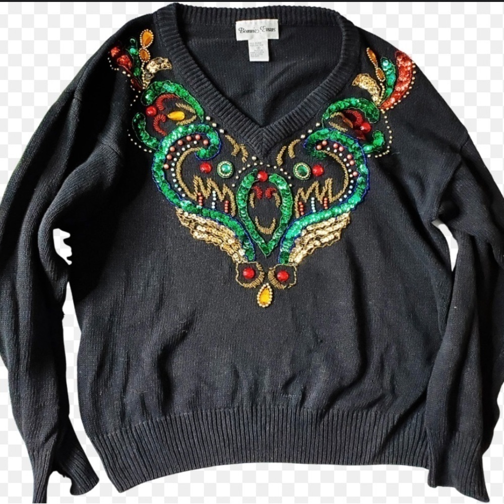 90’s Vintage V Neck Sweater with Jewels, Beading and Sequin. Size 40/20W